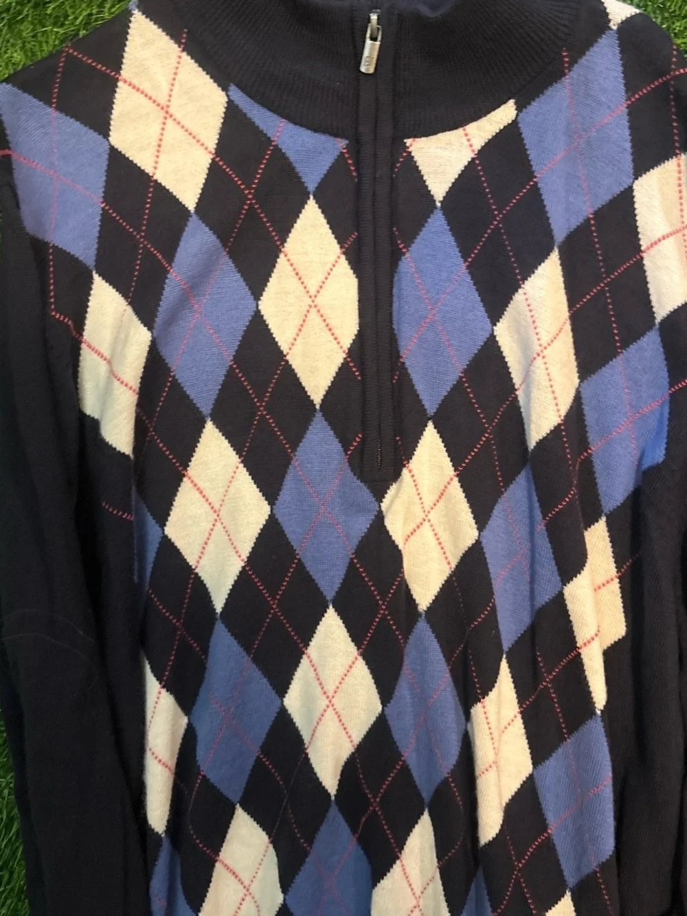 FootJoy Wool Navy Argyle Half-Zip Sweater - Blue & Cream XL